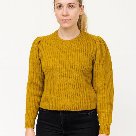 Antonio Melani Mustard Puff Sleeve Ribbed Sweater Women’s Wool Blend Medium - Picture 1 of 6